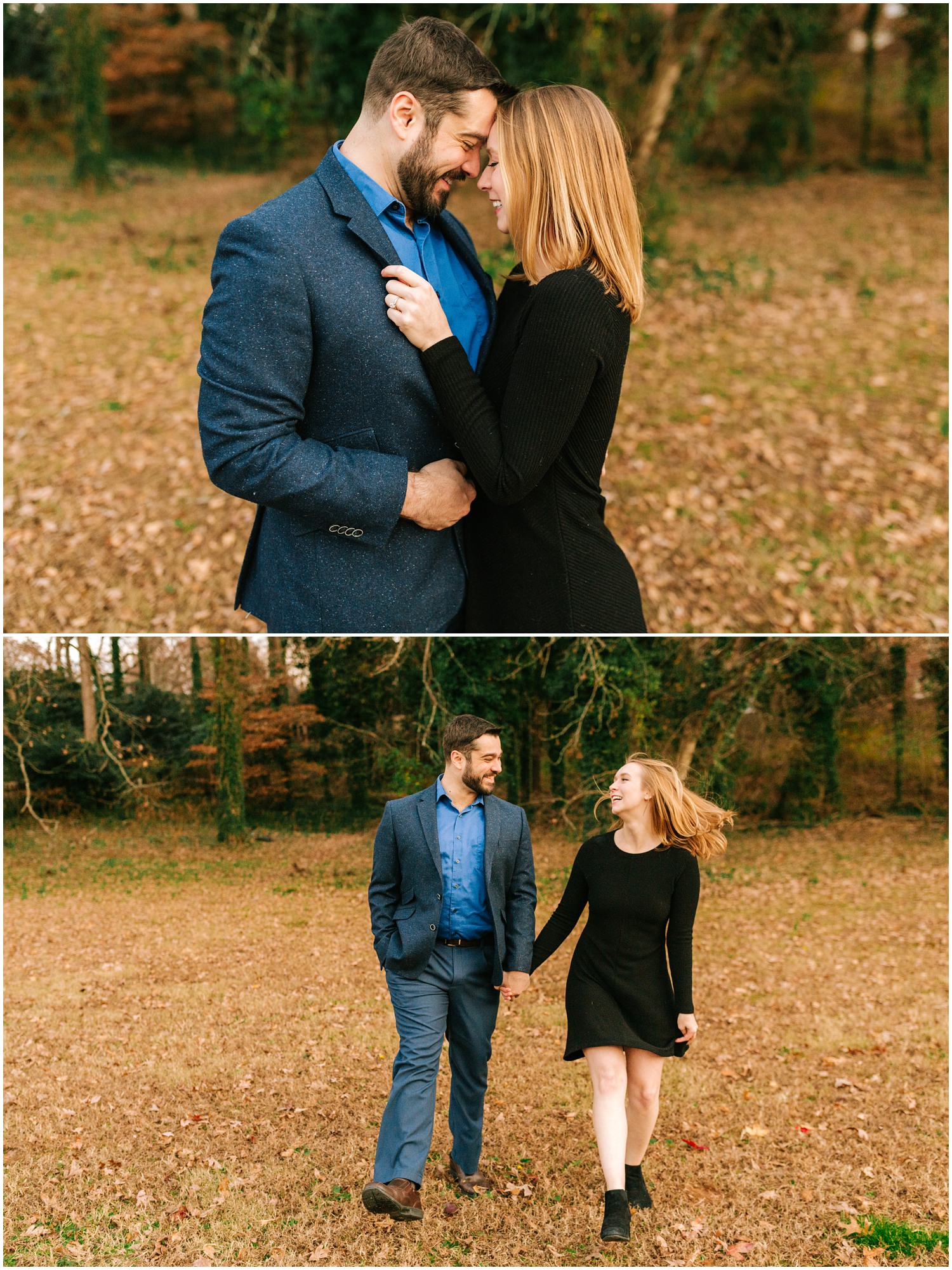 couple walks through Midtown Park during Charlotte engagement photos