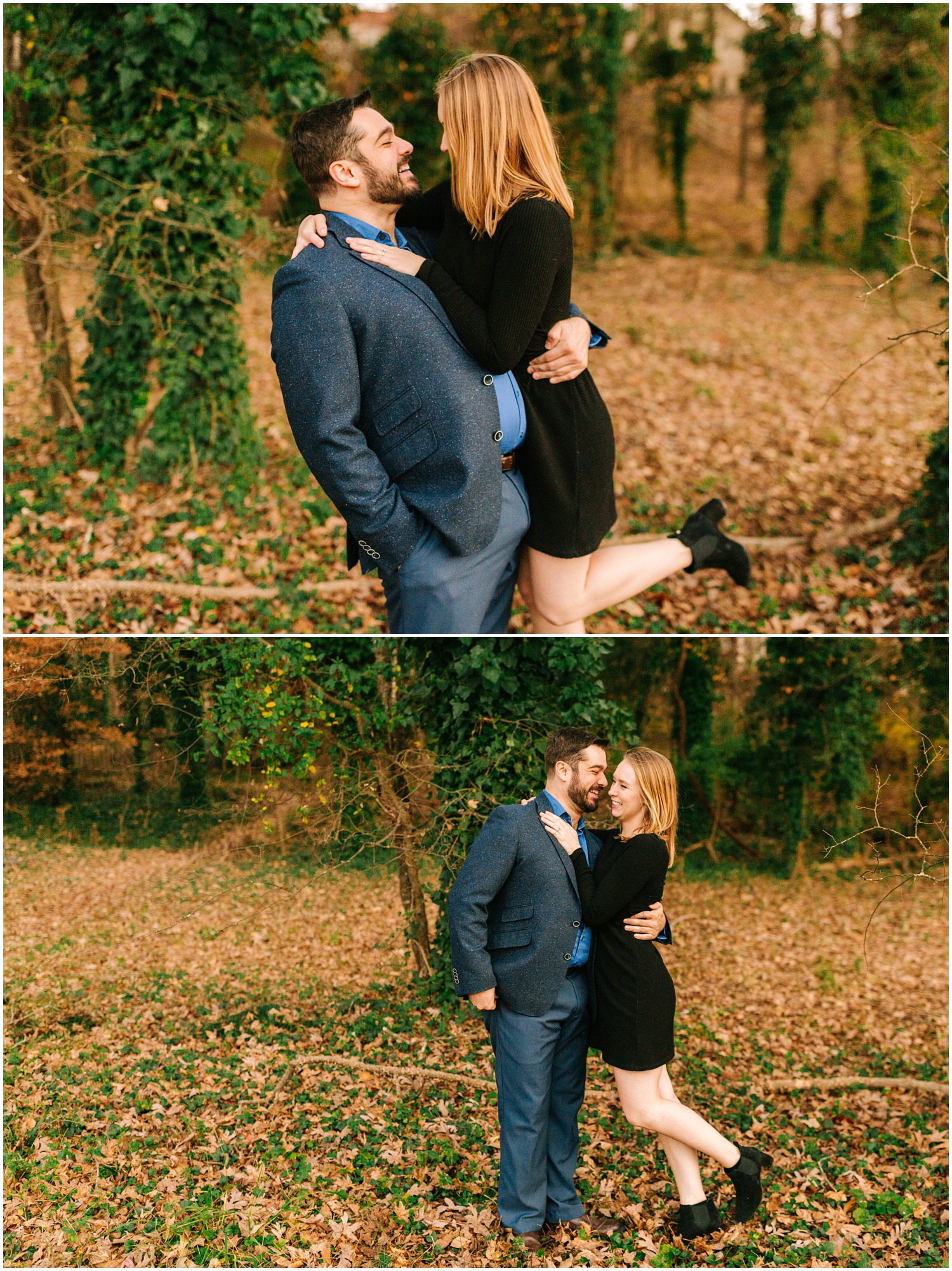 Winter Engagement session in Charlotte North Carolina with groom in suit and bride in black dress