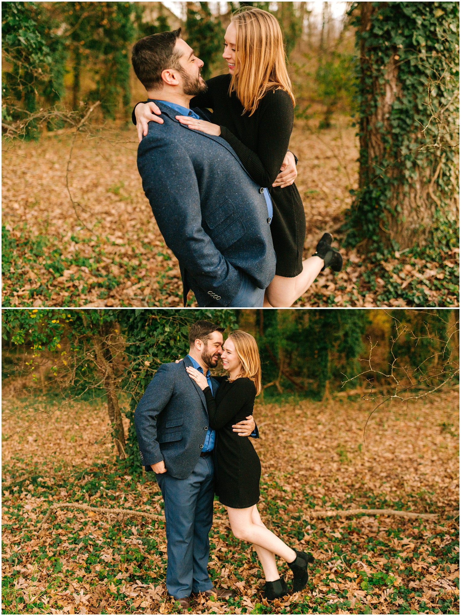 Charlotte NC couple laughs during Midtown Park engagement portraits