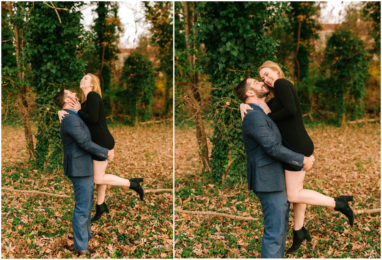 groom lifts bride to be during Midtown Park engagement session