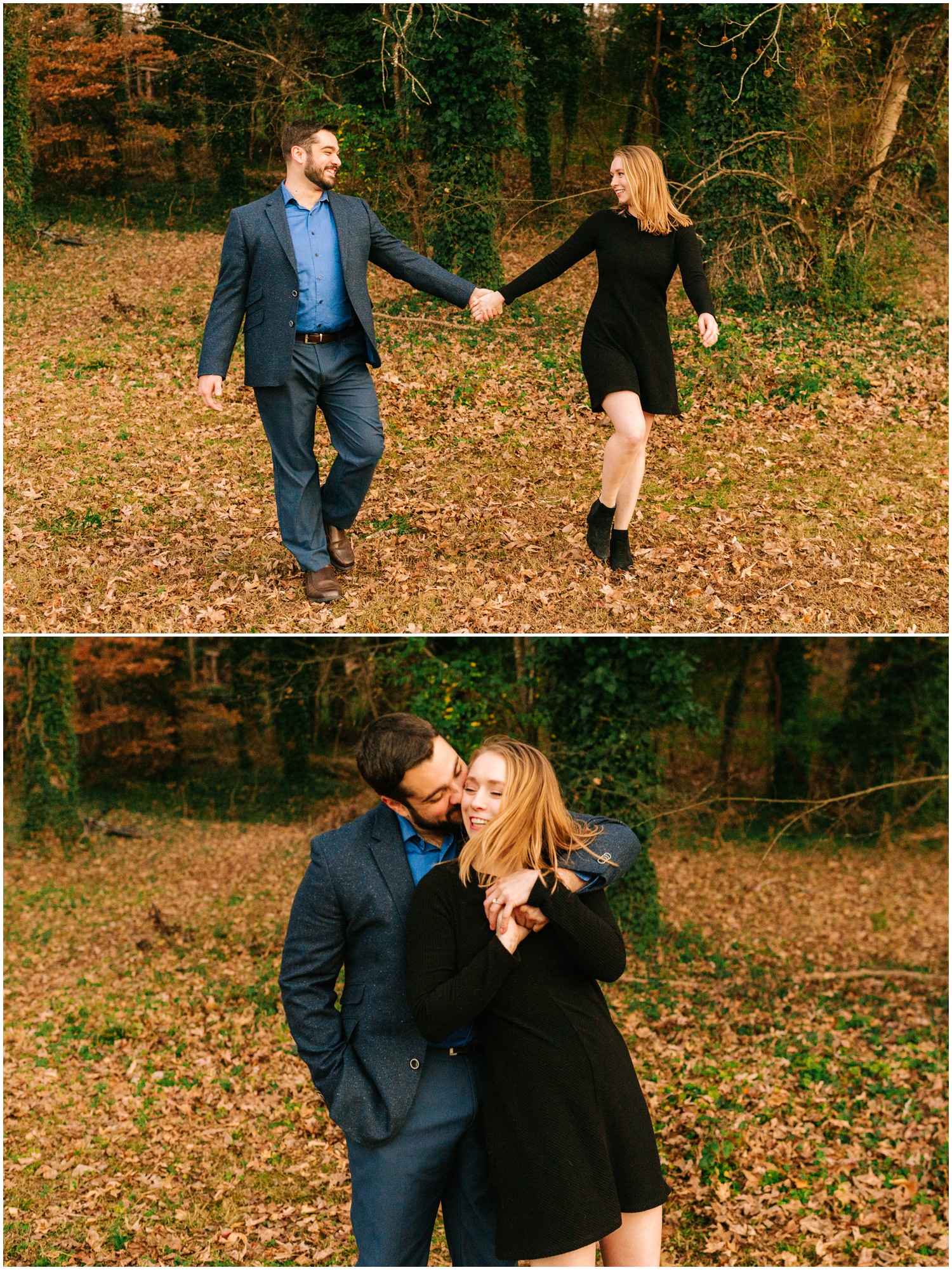 couple walks through leaves during Winter Engagement session in Charlotte North Carolina