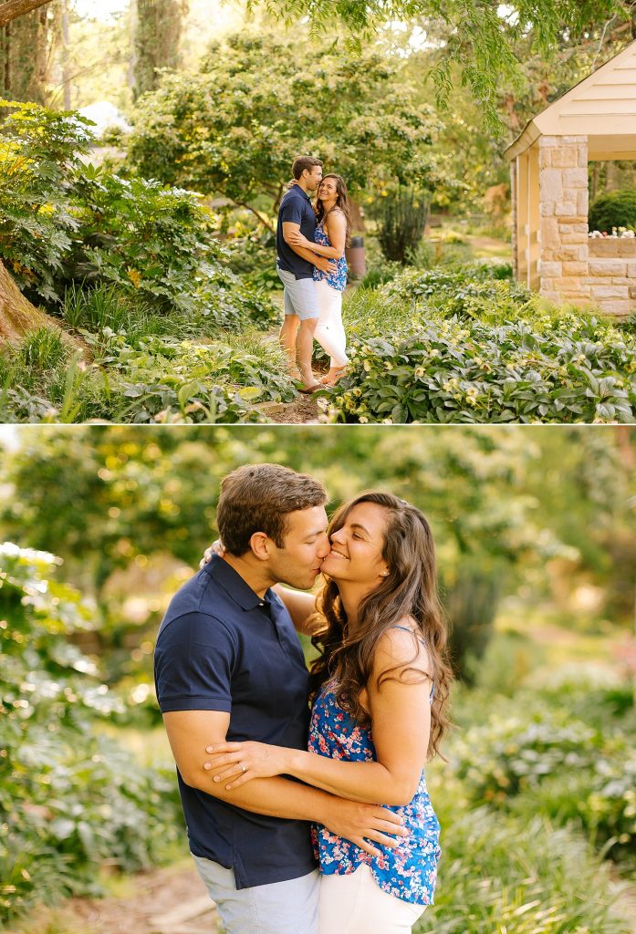 engaged couple kisses in the Raleigh Rose Garden