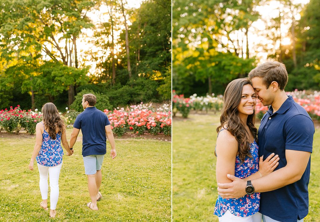 Chelsea Renay photographs sunset engagement portraits at Raleigh Rose Garden
