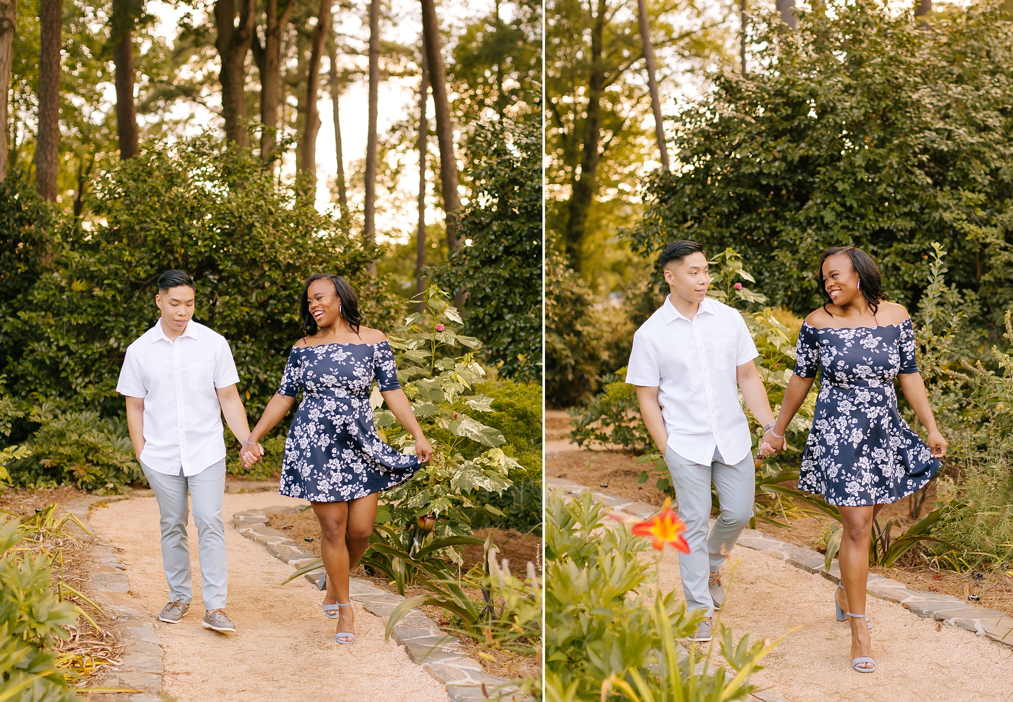 couple holds hands and walks through WRAL Gardens