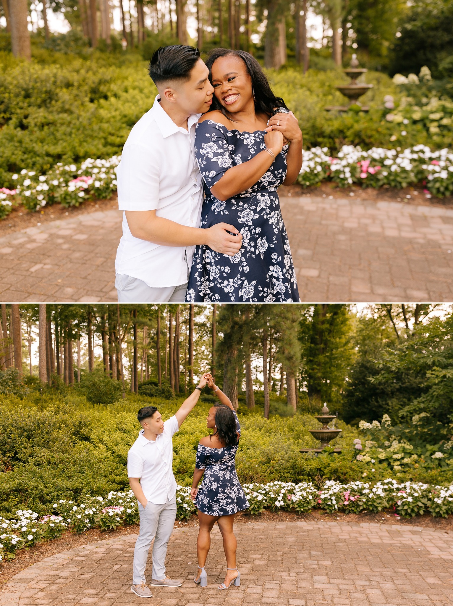 engagement portraits in a garden of Raleigh NC