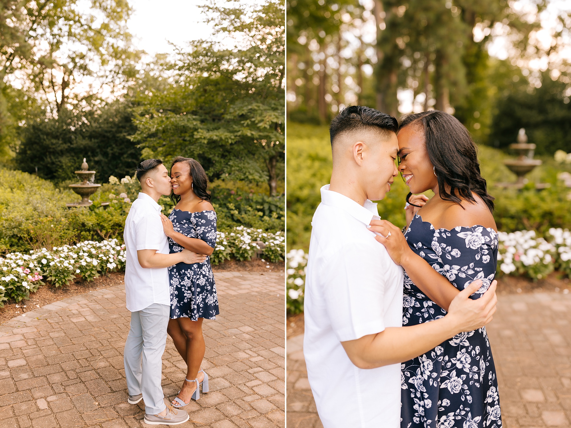 groom kisses bride during engagement session at WRAL Gardens