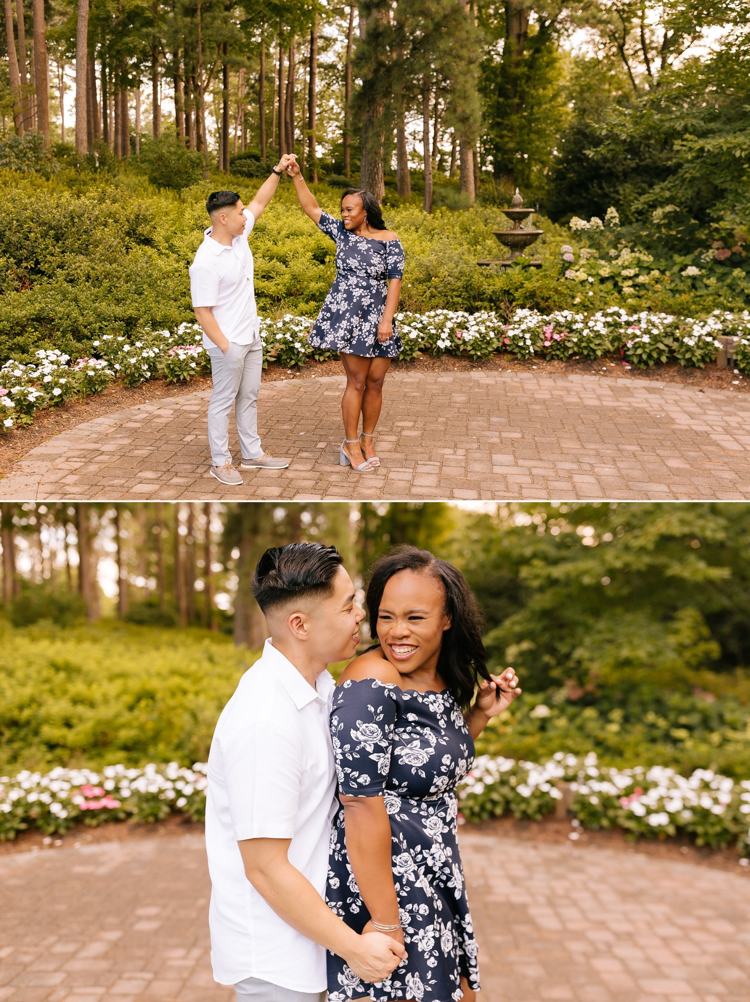 groom dances with bride during engagement photos at WRAL Gardens