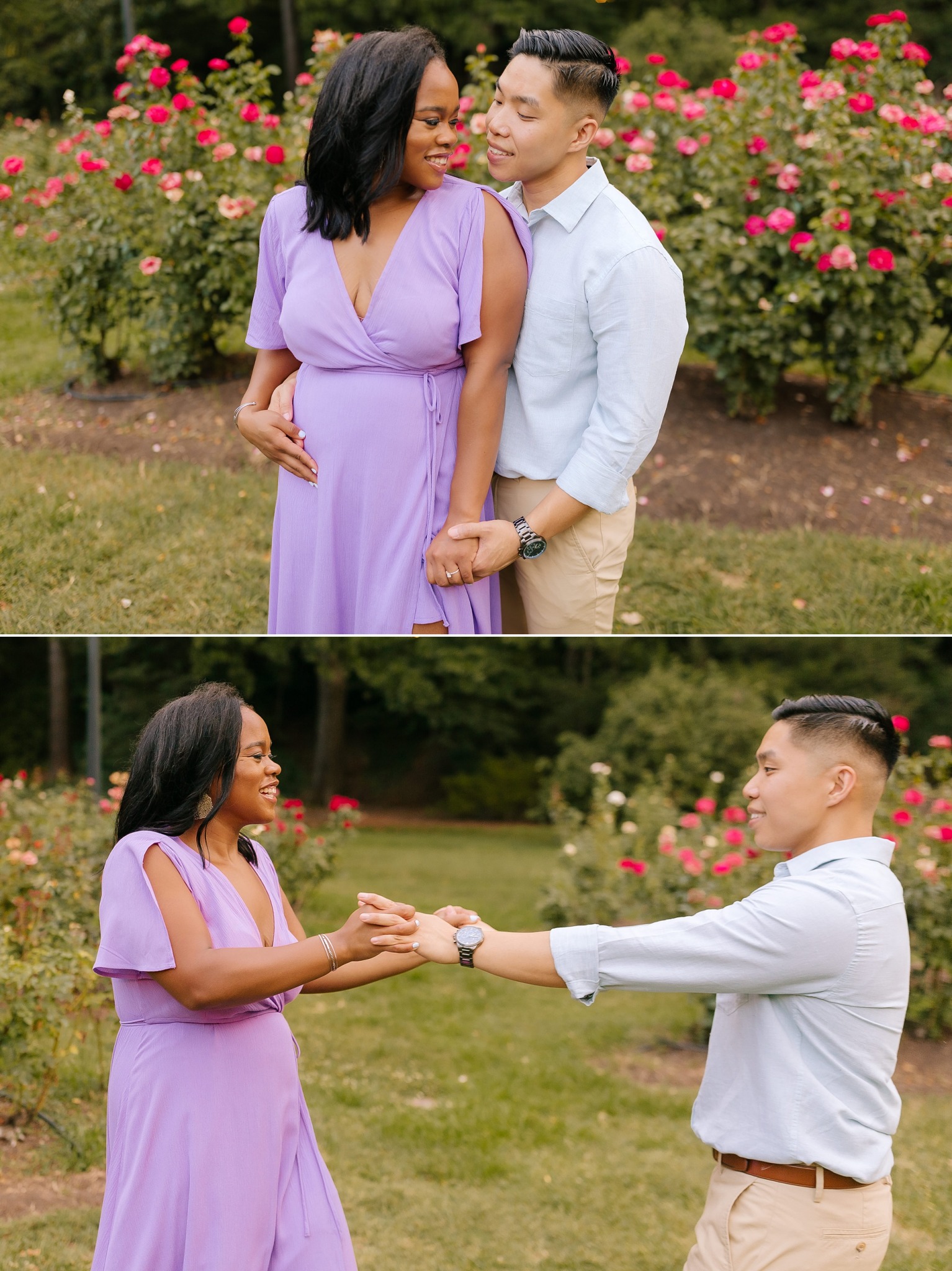 couple poses in rose garden at WRAL Gardens