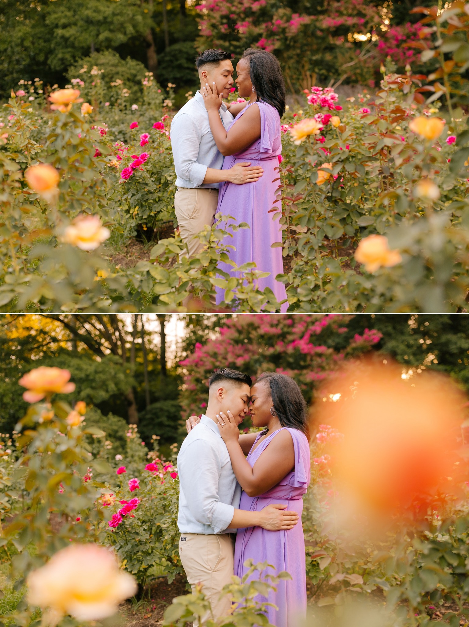 couple kisses while Chelsea Renay photographs them through flower bush