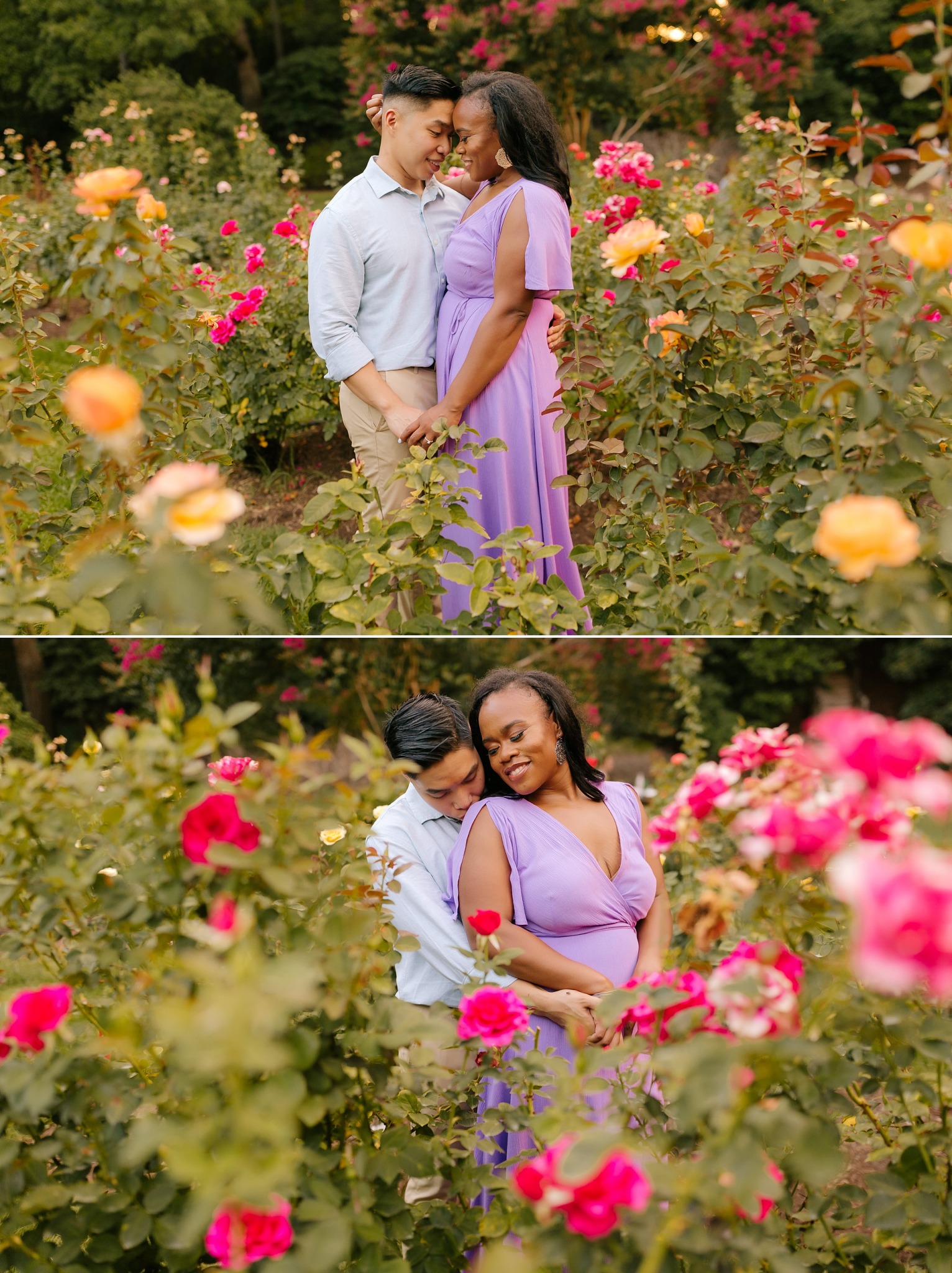 couple poses in WRAL Gardens during engagement session