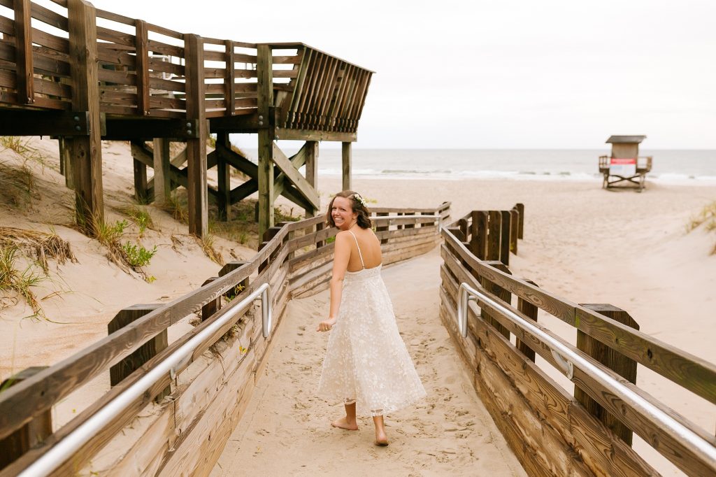 bride walks out to meet groom for first look on Ocracoke Island