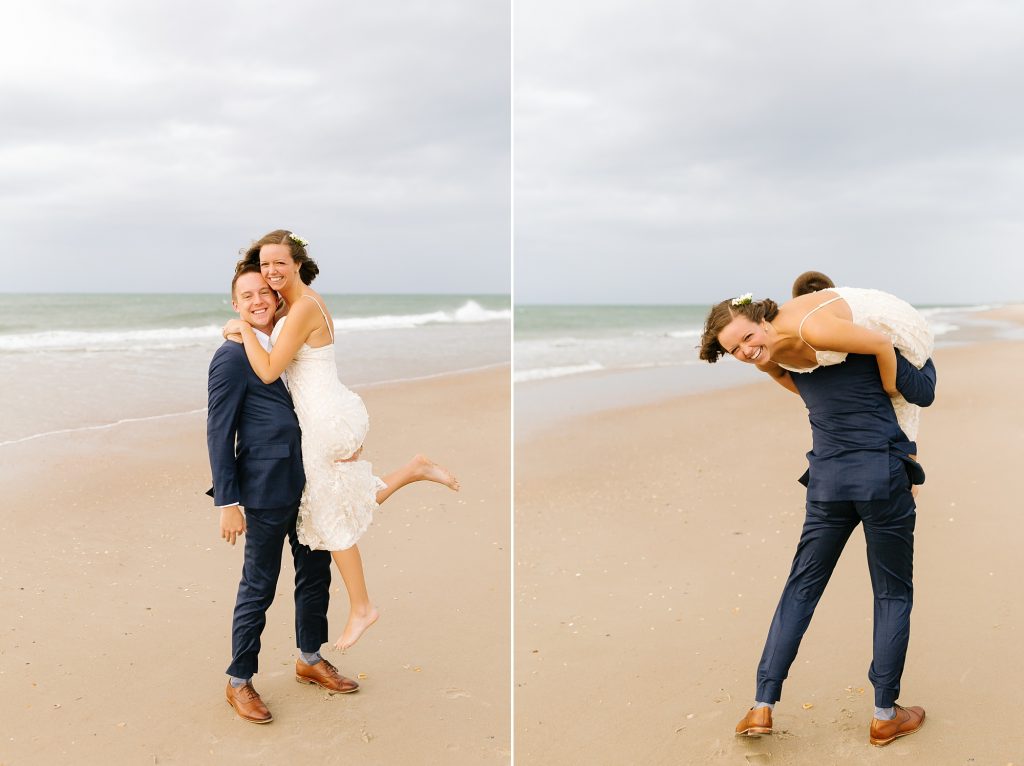 groom lifts bride on the beach during Ocracoke Island wedding portraits