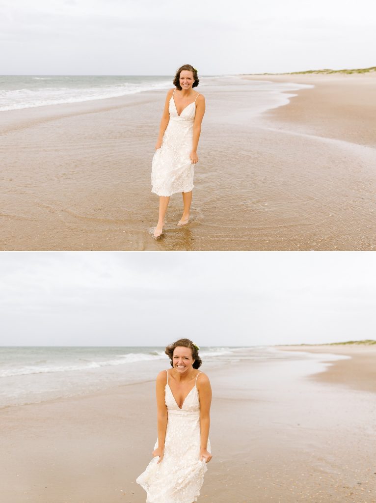 bride walks in the ocean in simple white dress