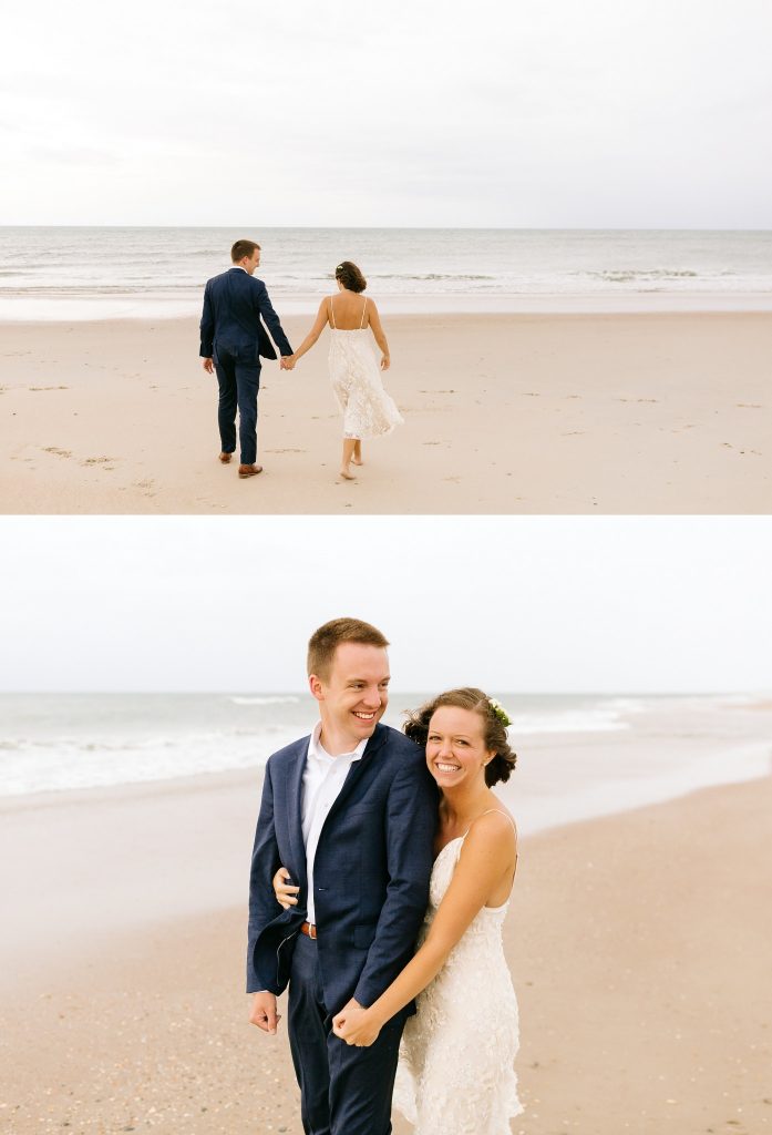 bride and groom hold hands walking on Ocracoke Island