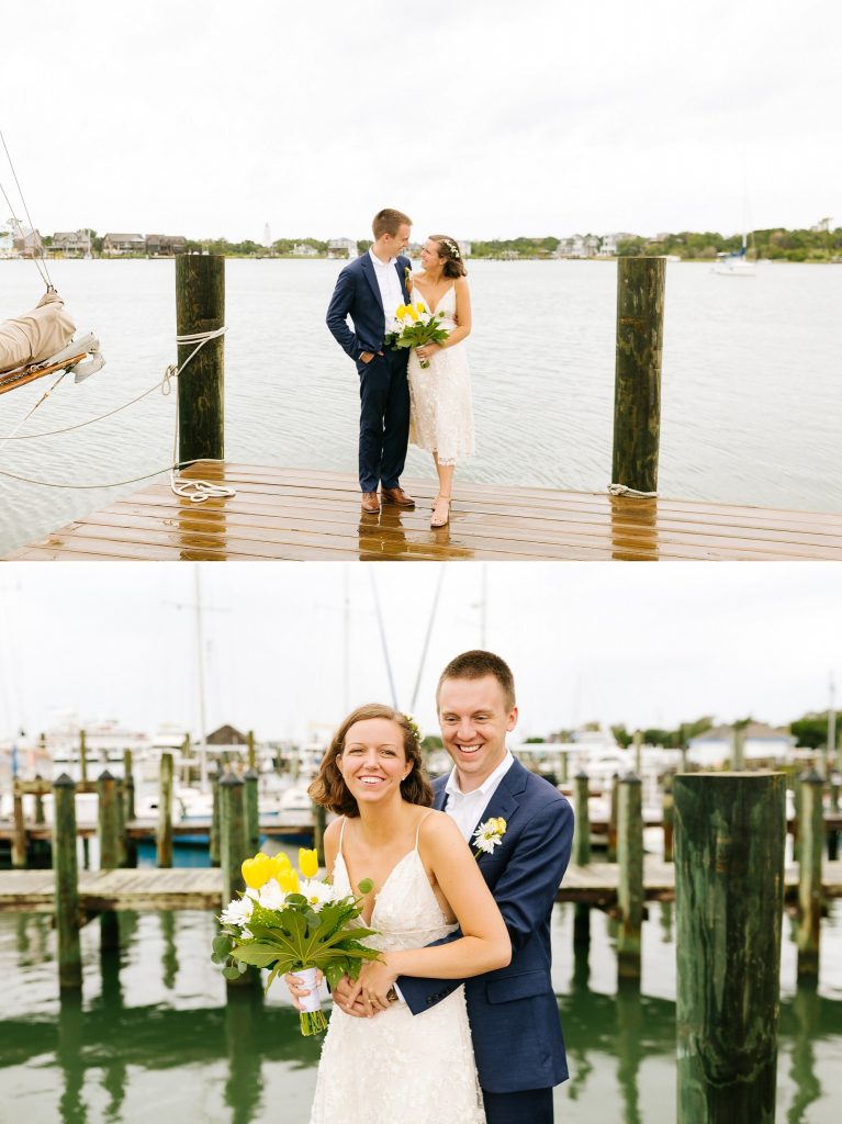Ocracoke Island wedding photos on wet dock