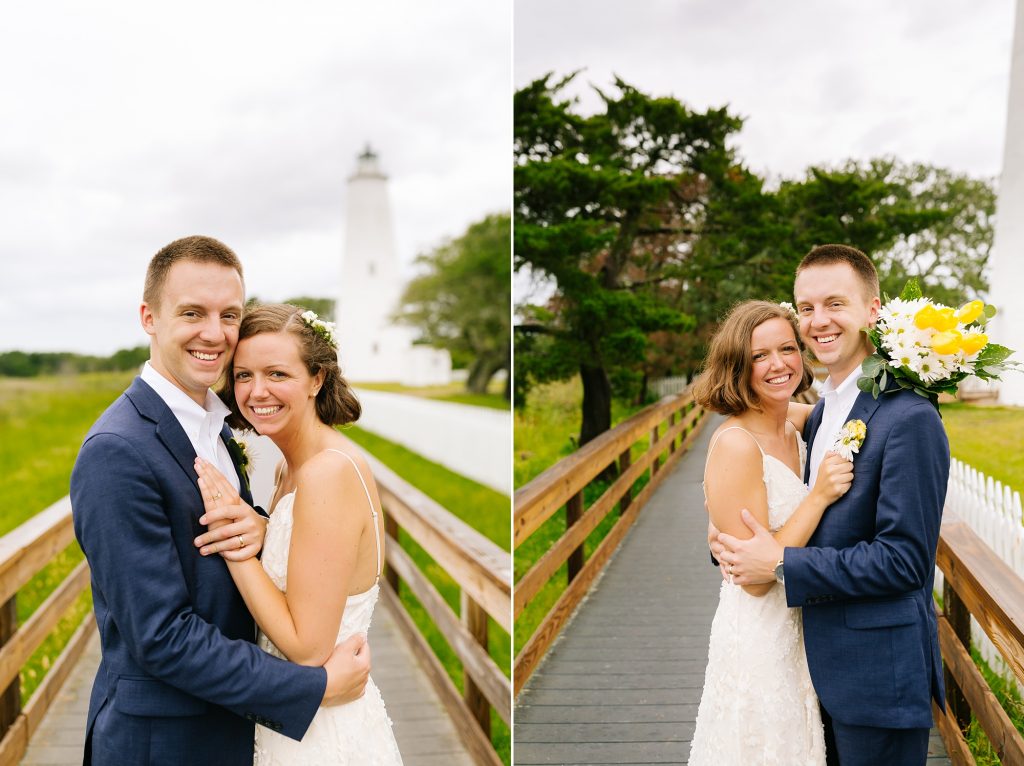 beach wedding photos by Ocracoke Lighthouse