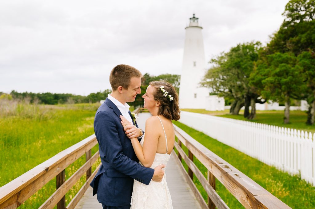 Ocracoke Lighthouse wedding portraits with newlyweds