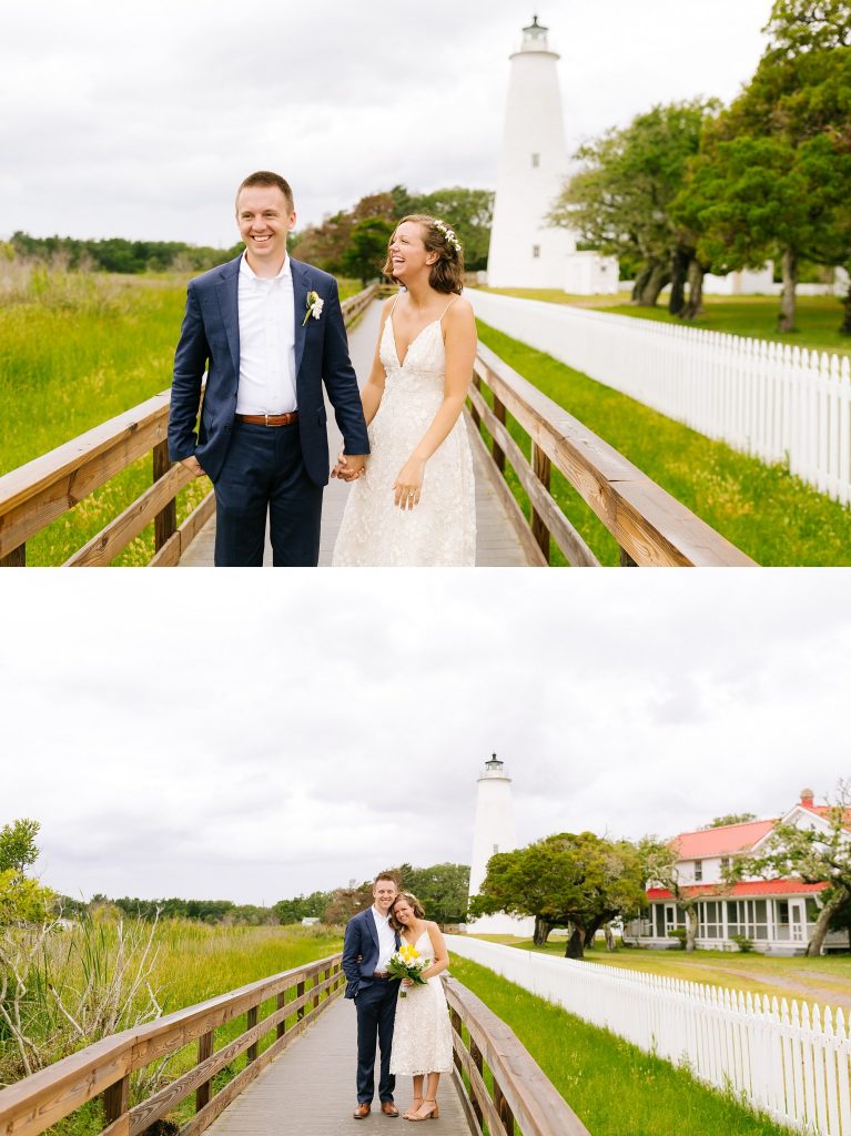 bride and groom walk in front of Ocracoke Lighthouse