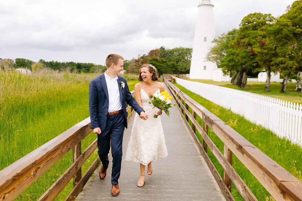 bride and groom elope near Ocracoke Lighthouse