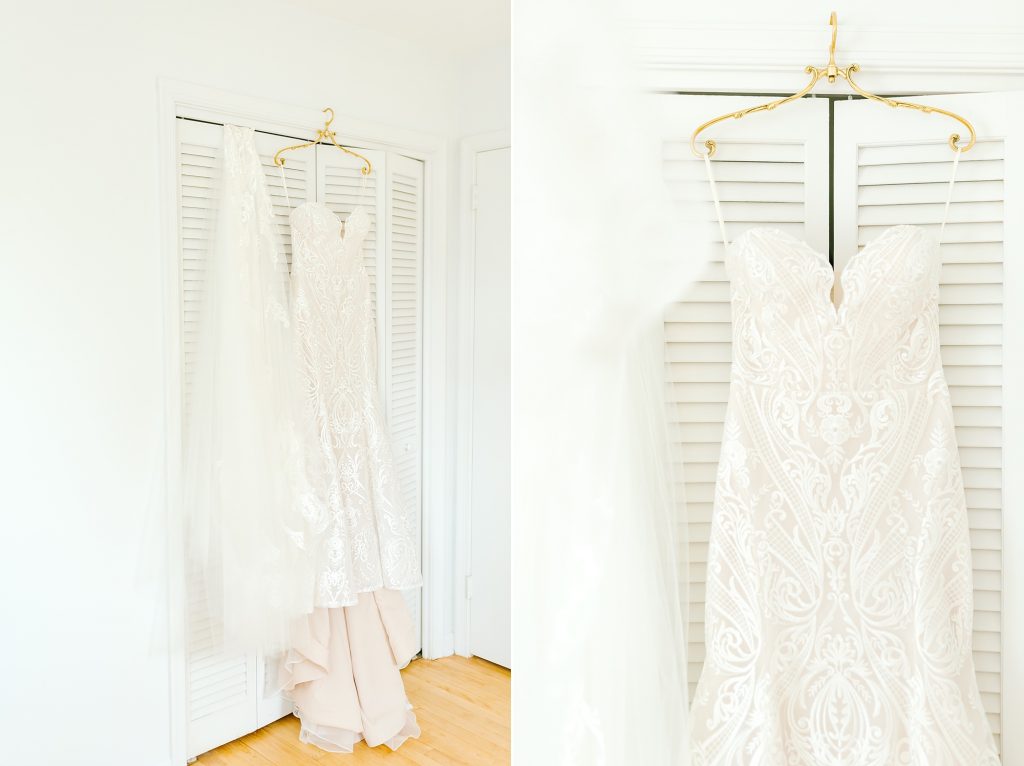 bride's gown hangs on childhood home door