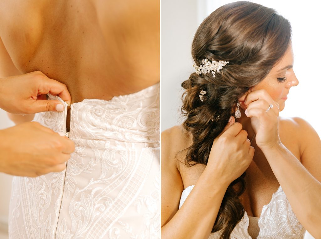 bride puts on wedding dress at childhood home