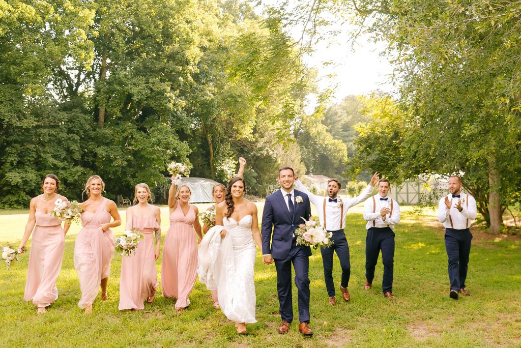 NJ wedding party poses after backyard wedding