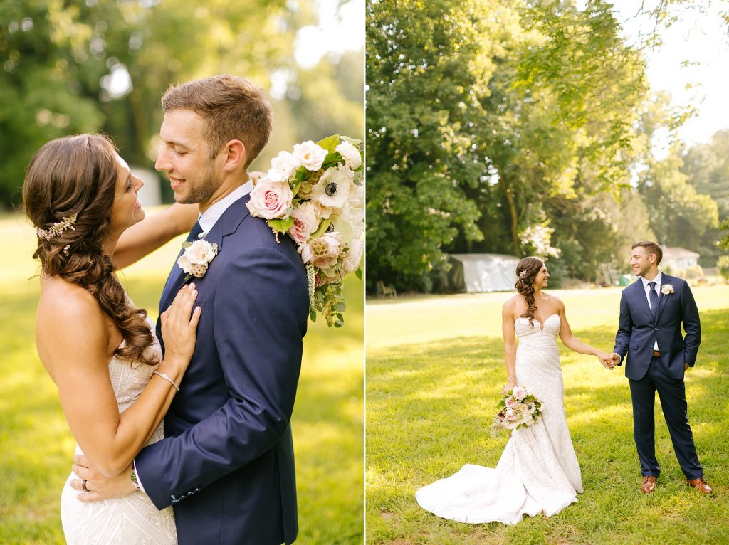 bride and groom walk through backyard after wedding