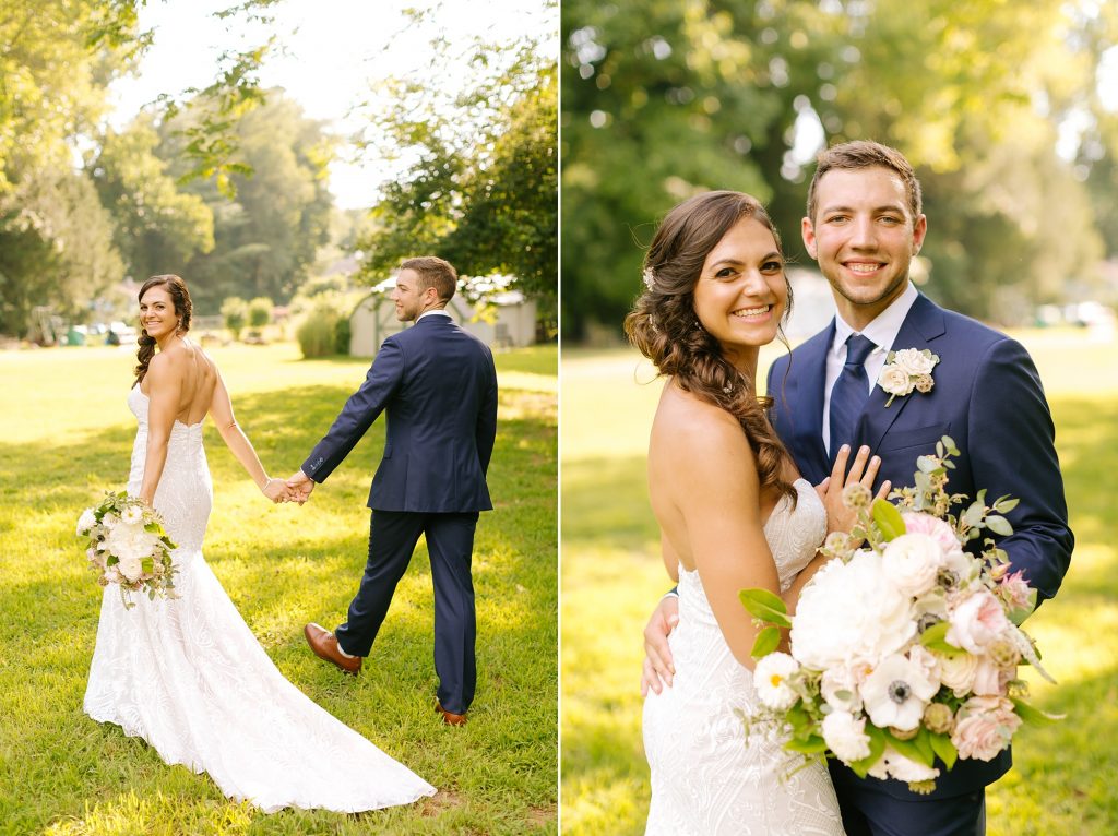 bride and groom pose with bouquet after small backyard wedding