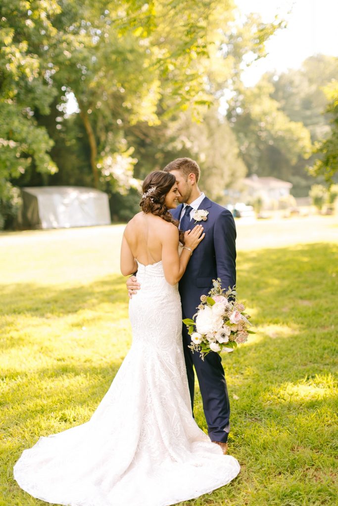 bride and groom portraits after backyard wedding in Vineland New Jersey