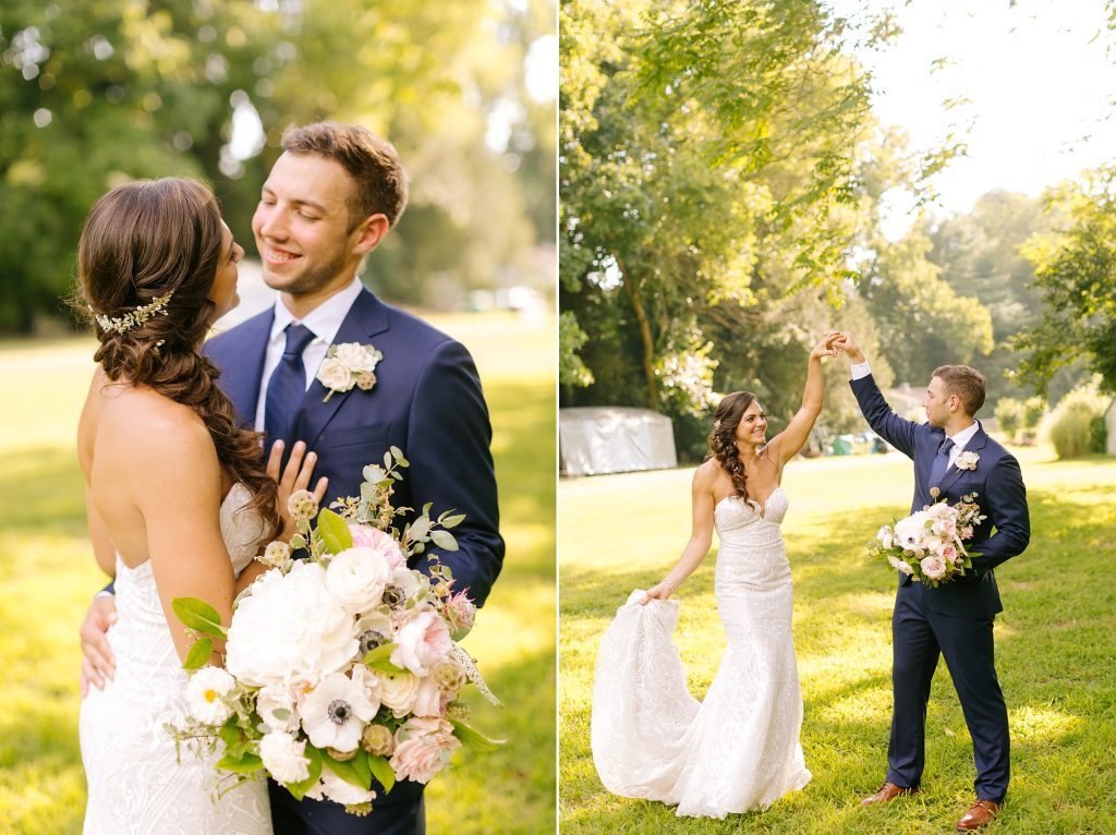groom twirls bride during portraits in New Jersey backyard