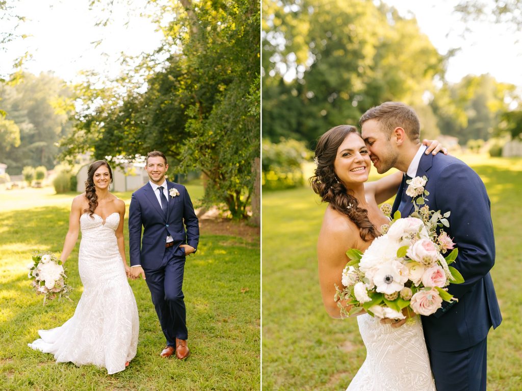 groom kisses bride after walking through yard with her