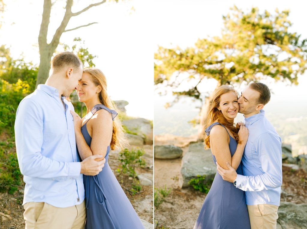 engagement session on mountainside with bride in blue sundress