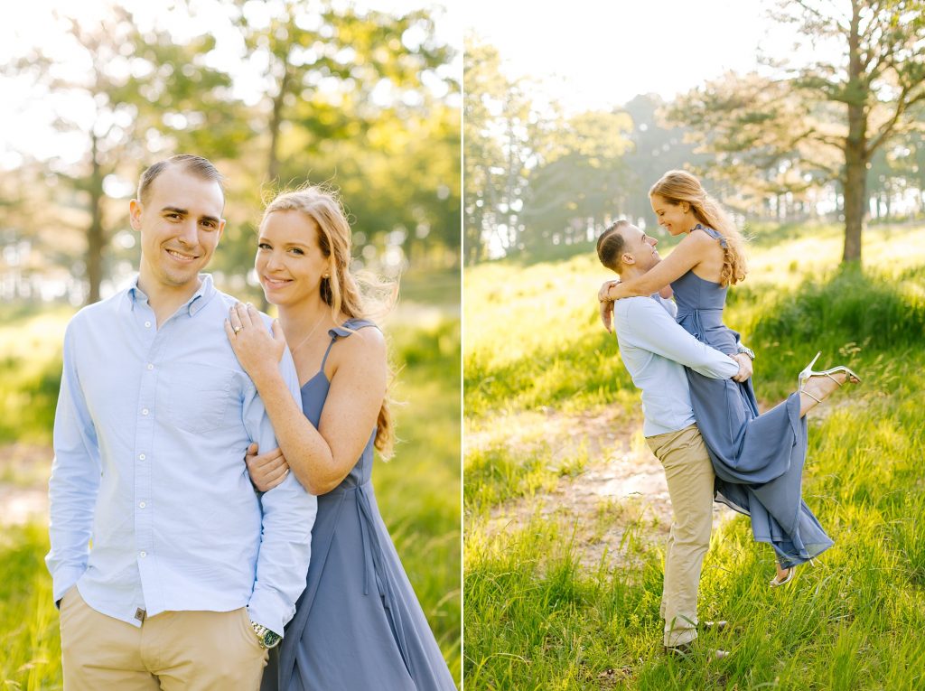 bride and groom laugh during mountainside engagement photos
