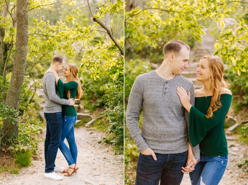 bride and groom laugh during engagement portraits