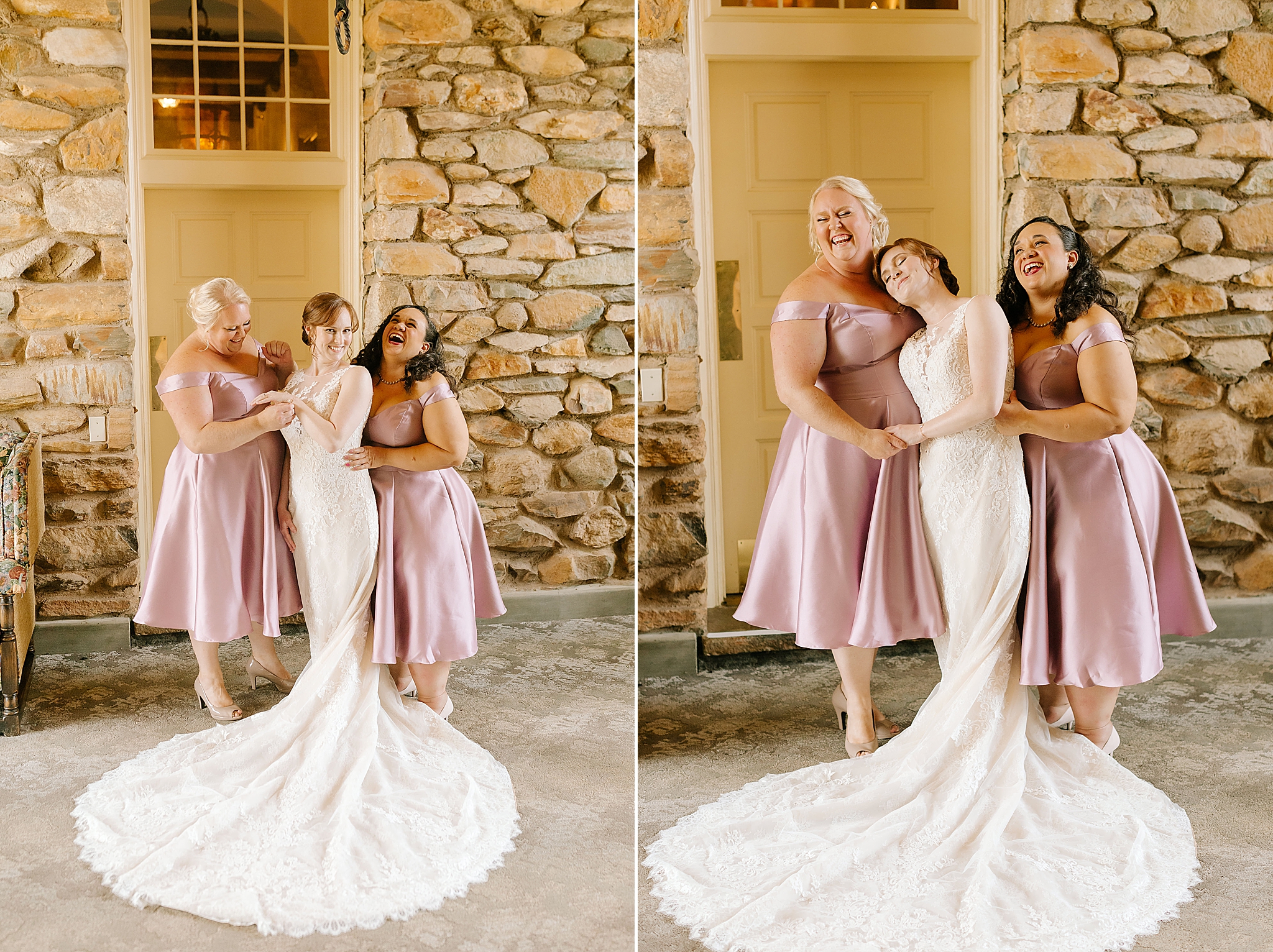 bridesmaids laugh with bride while preparing for Microwedding at The Graylyn Estate