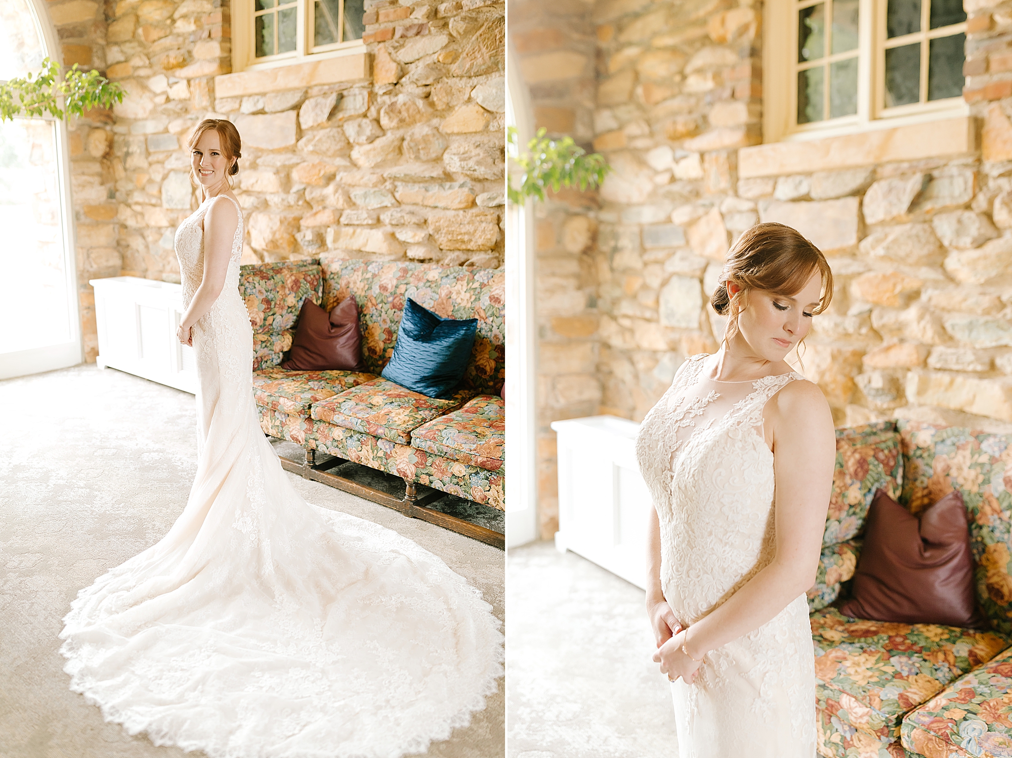 bride poses with wedding dress train behind her