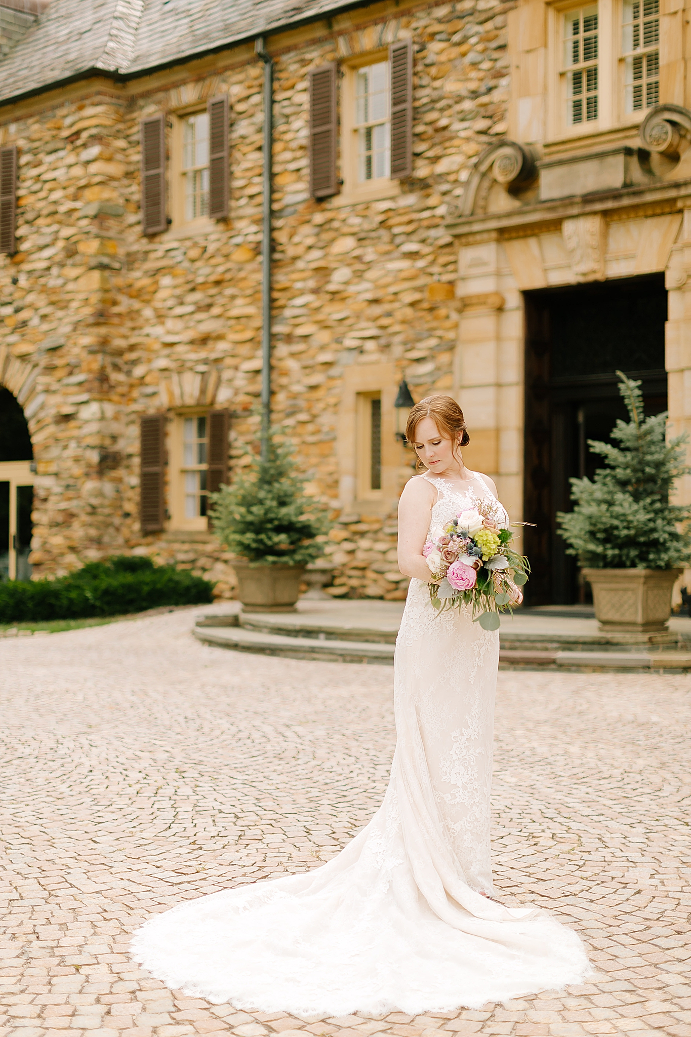 bridal portrait with bouquet with pink peonies