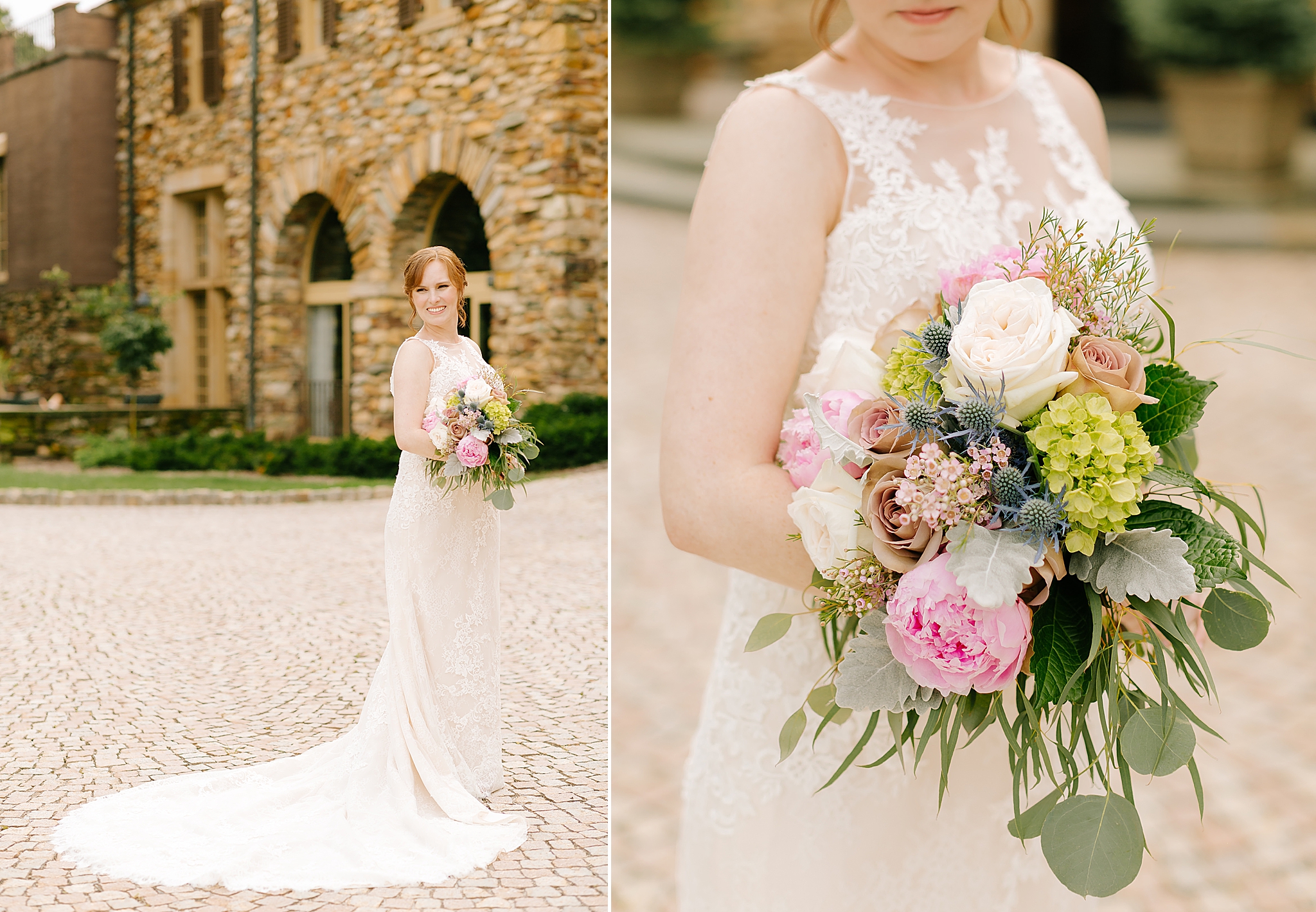 bride holds bouquet with pink peonies