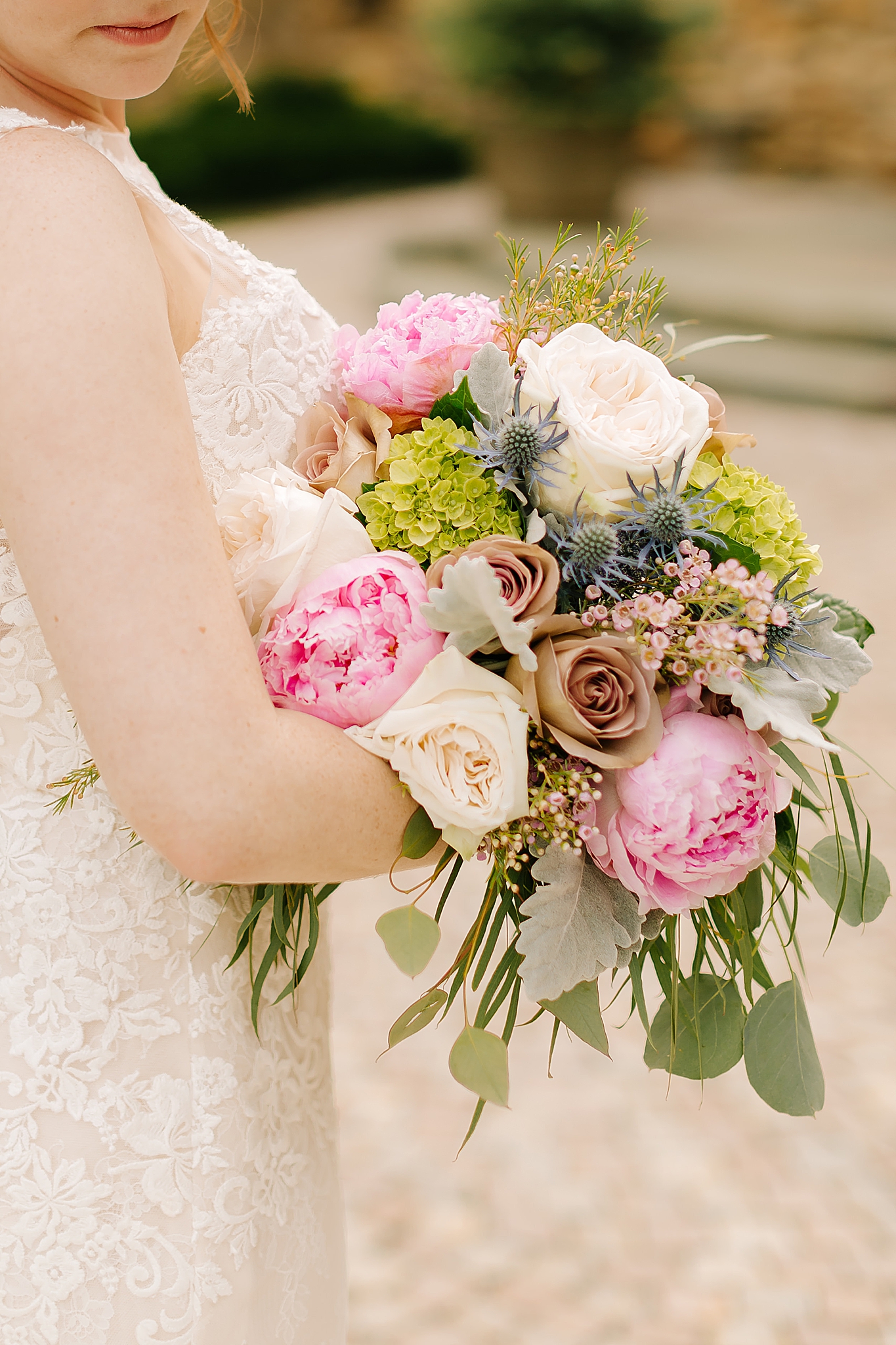 pink and green bouquet for NC bride