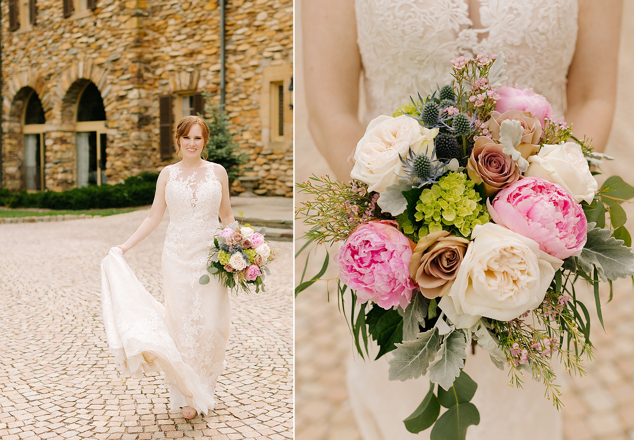 bride walks towards photographer with bouquet