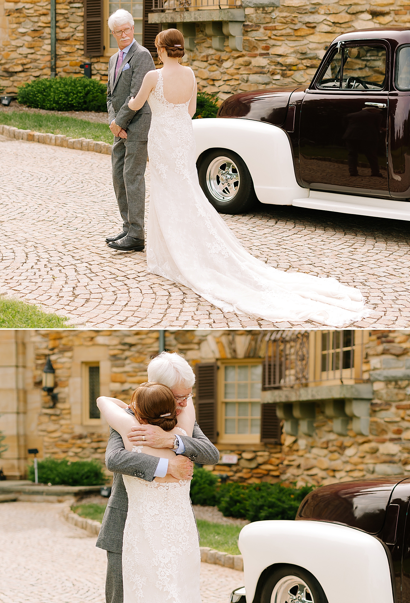 bride and dad have first look by vintage truck