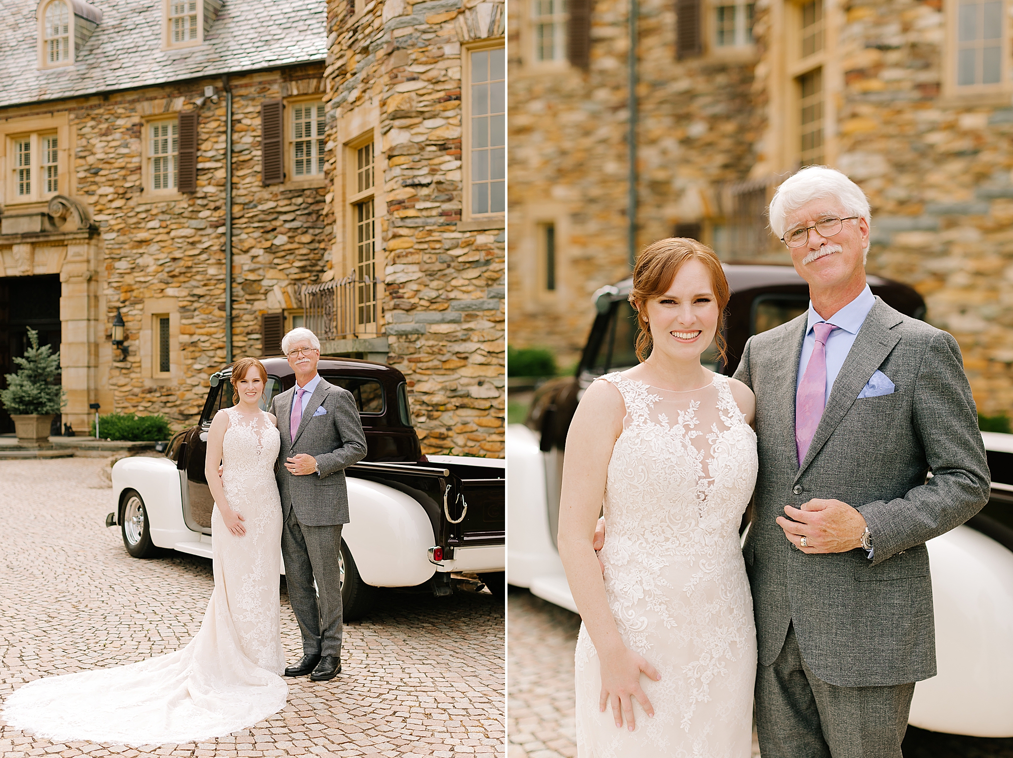 bride and father pose by vintage truck at the Graylyn Estate