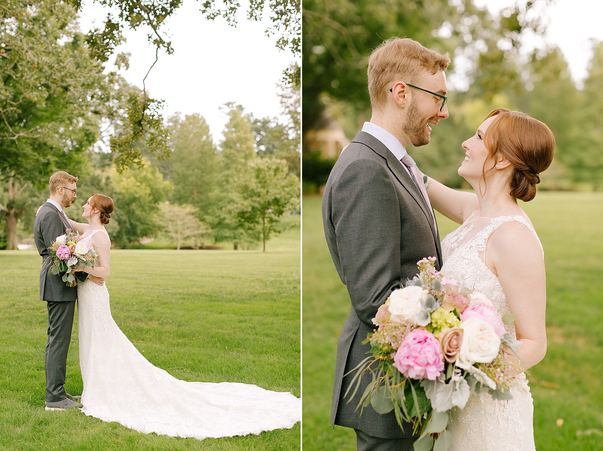 bride and groom stand nose to nose during wedding photos