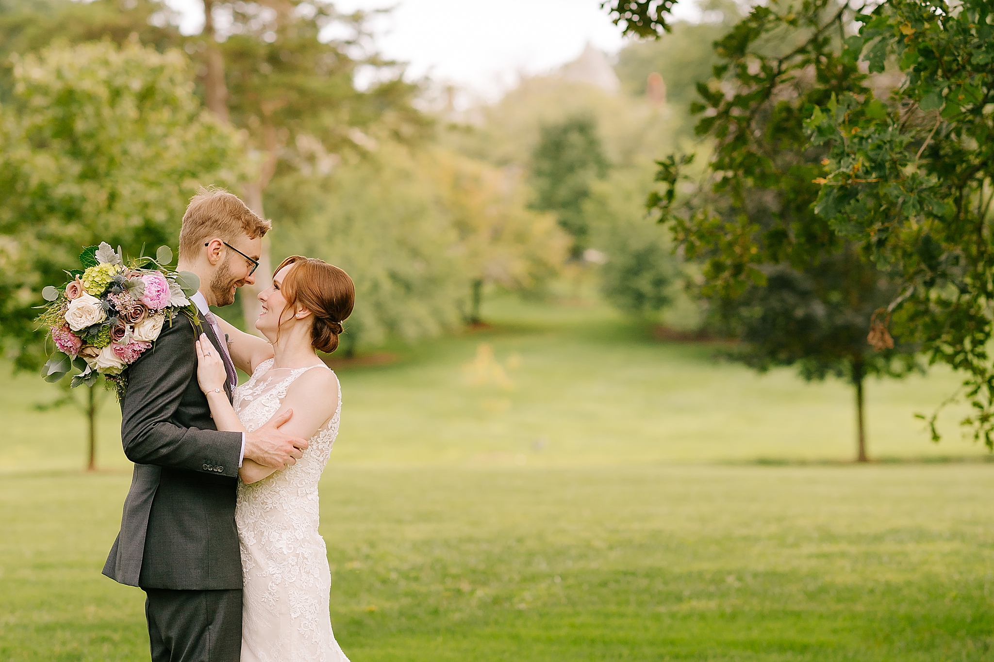 bride and groom hug before Microwedding at The Graylyn Estate