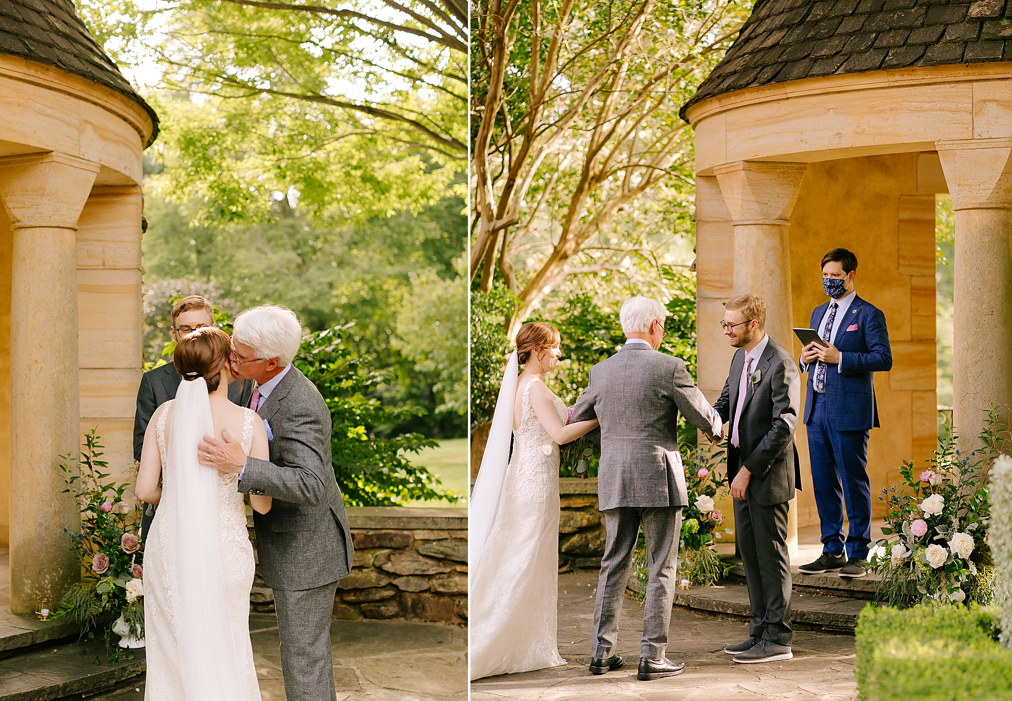 father gives bride away during Microwedding at The Graylyn Estate