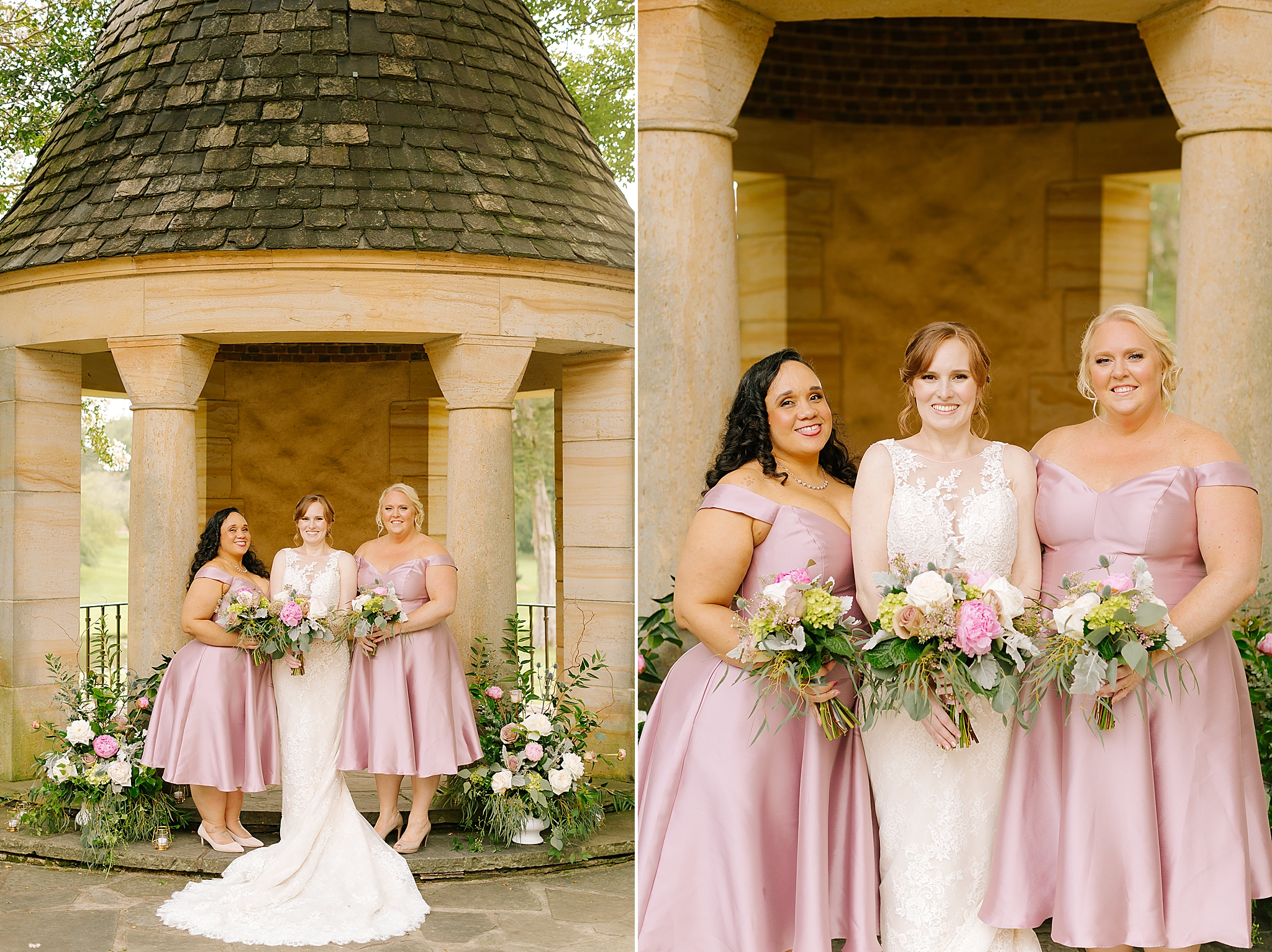 bride poses with bridesmaids in satin gowns