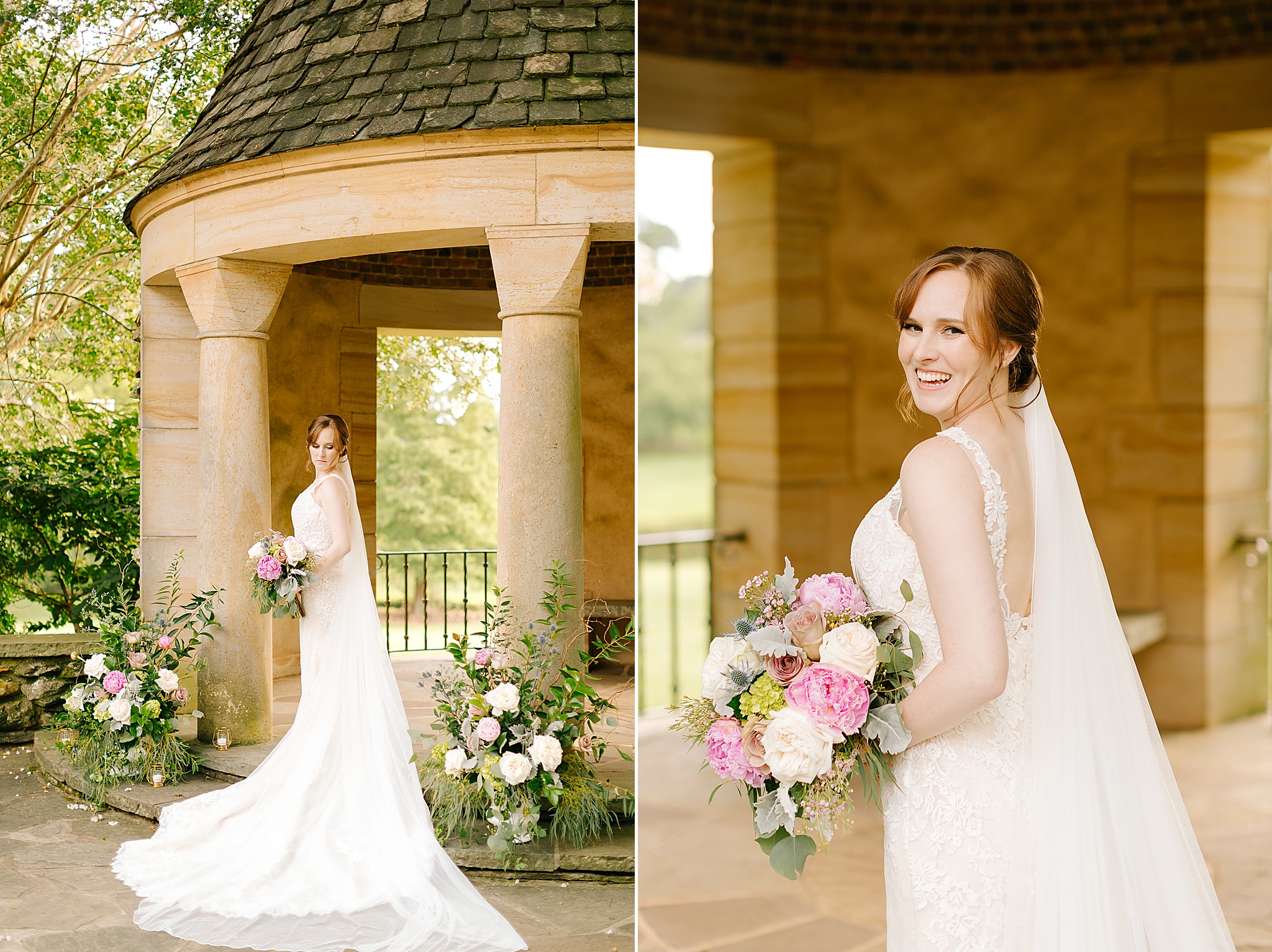 bride poses in gazebo at Graylyn Estate