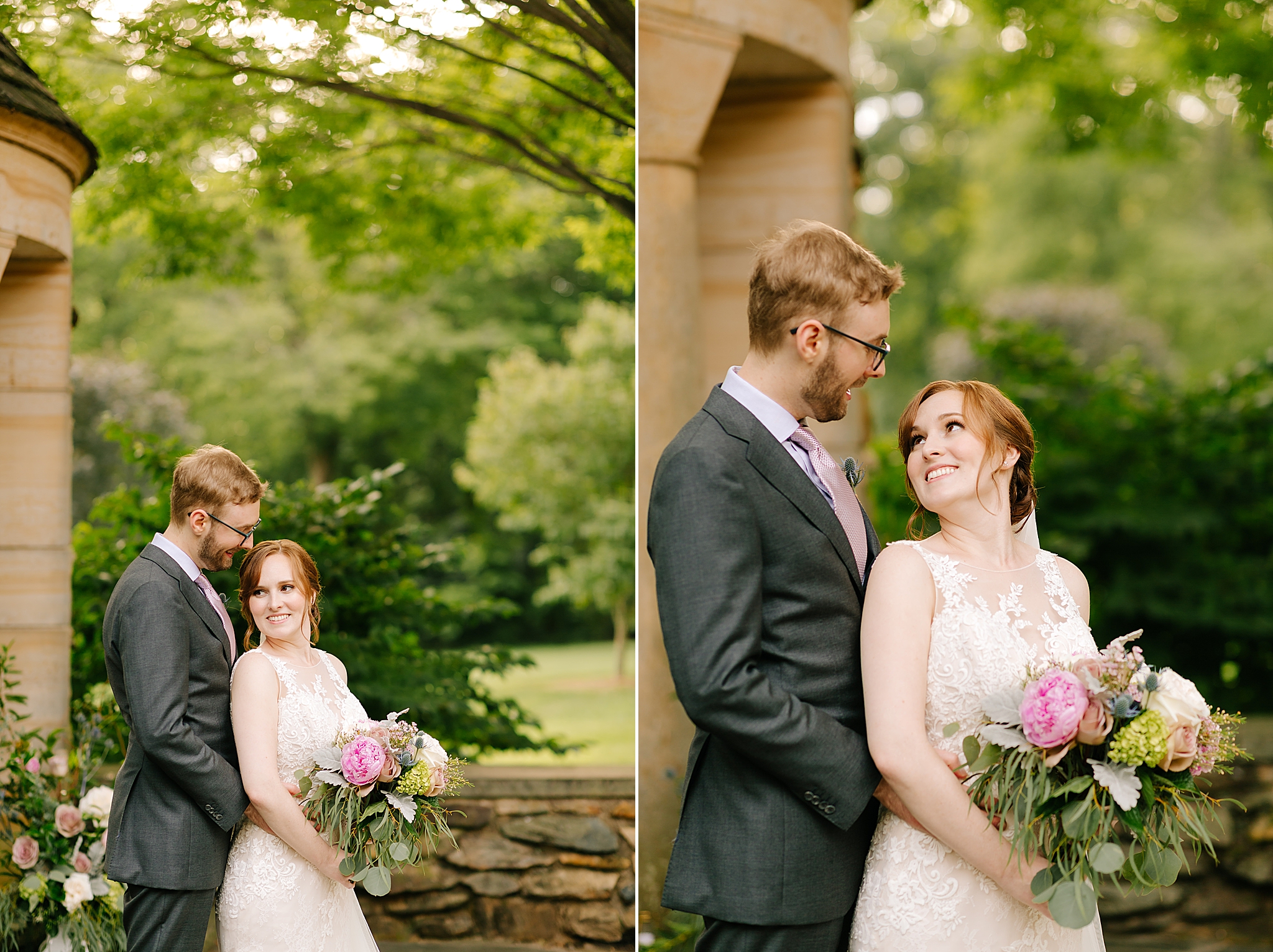 bride looks up at groom during wedding photos