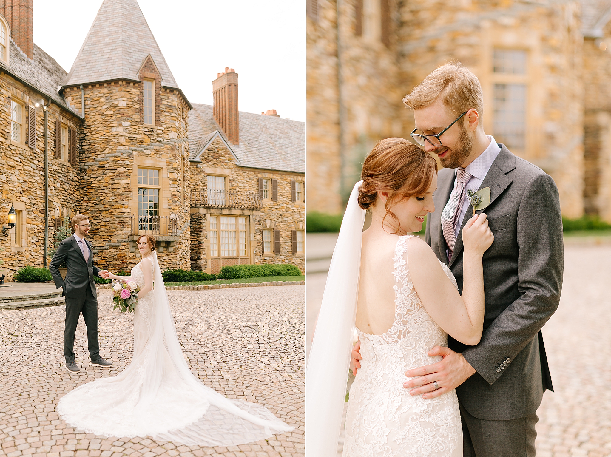 bride and groom pose outside Graylyn Estate mansion