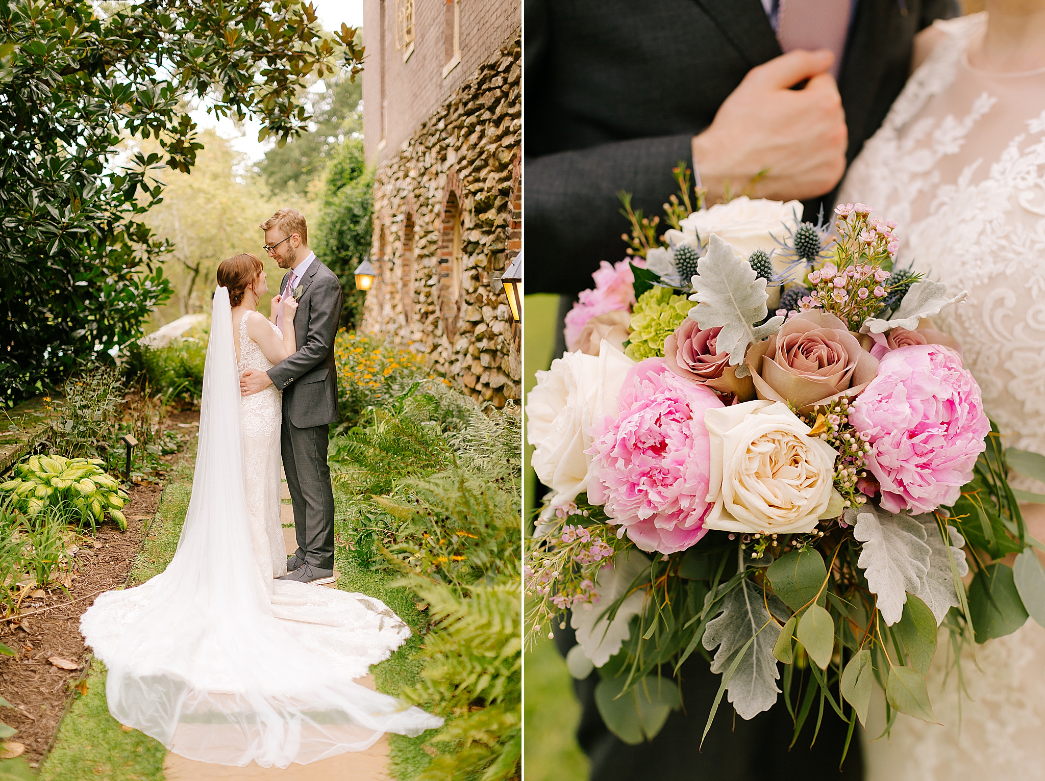 bride holds bouquet with pink peonies